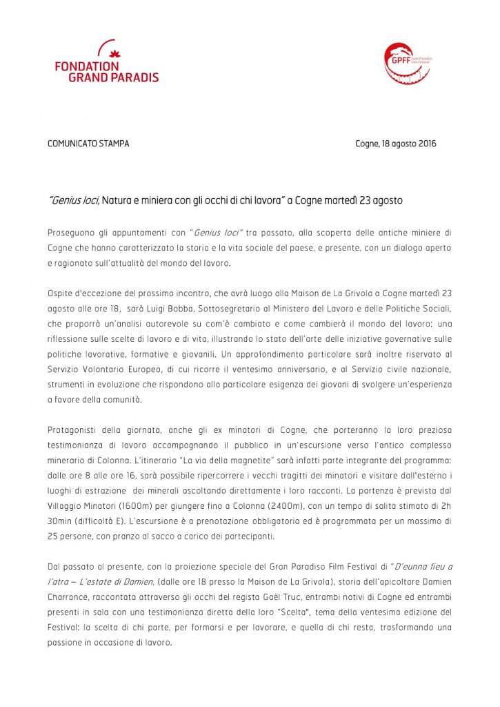 2016-08-18 Genius loci Natura e miniera con gli occhi di chi lavora a Cogne martedì 23 agosto 2016-08-18 Genius loci Natura e miniera con gli occhi di chi lavora a Cogne martedì 23 agosto