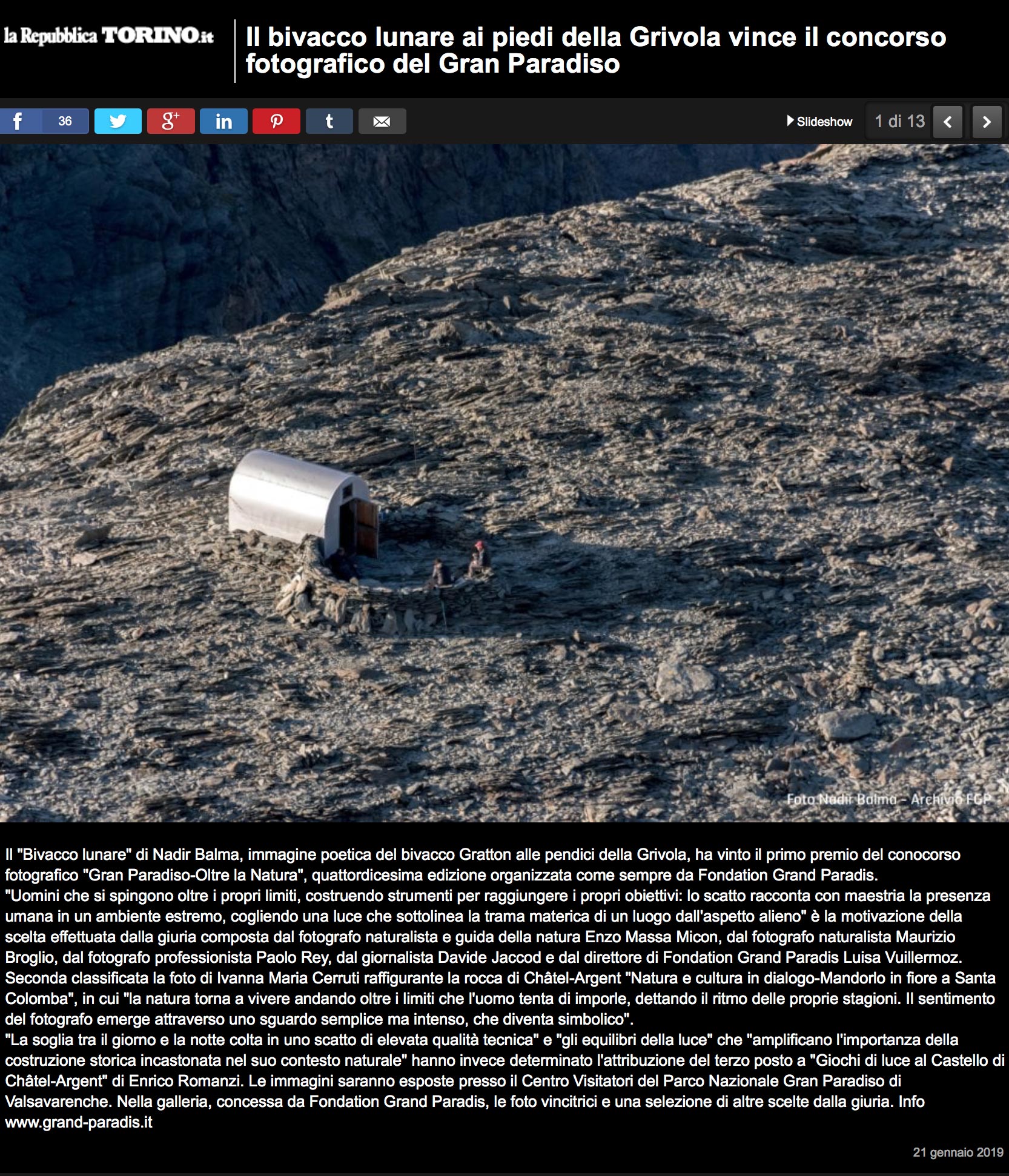 Il bivacco lunare ai piedi della Grivola vince il concorso fotografico del Gran Paradiso