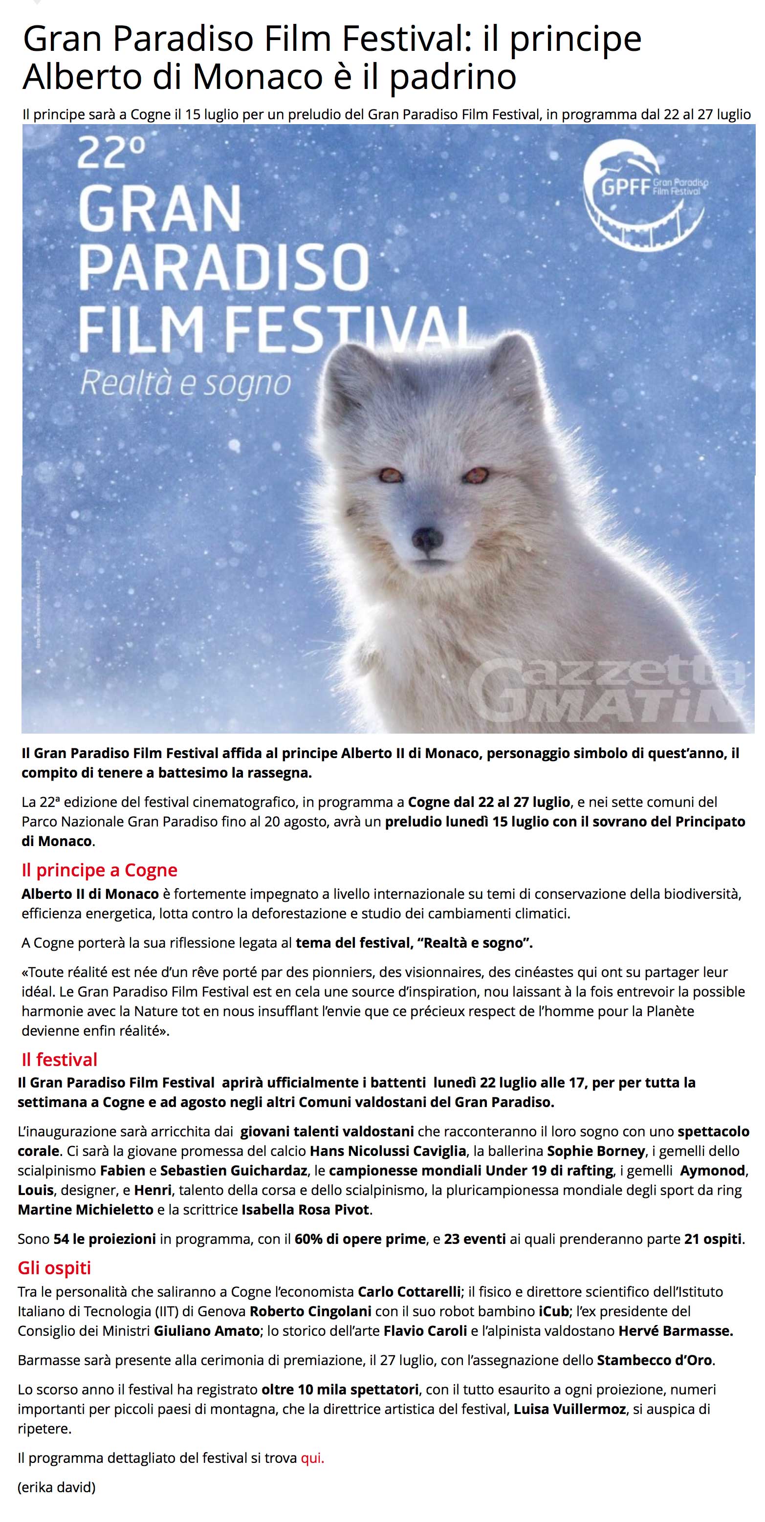 Gran Paradiso Film Festival: il principe Alberto di Monaco è il padrino