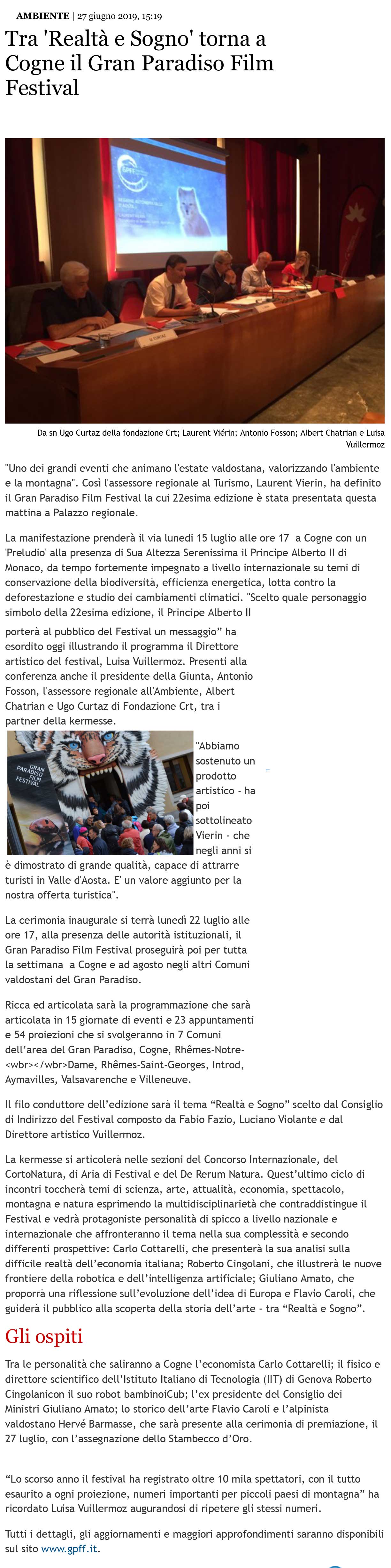 Tra 'Realtà e Sogno' torna a Cogne il Gran Paradiso Film Festival